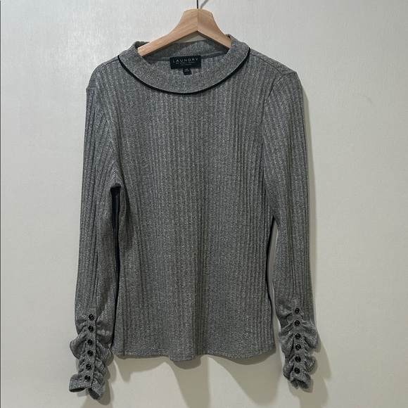 LAUNDRY BY SHELLI SEGAL GRAY RIBBED BLOUSE LONG SLEEVE Sz LG - Picture 1 of 11